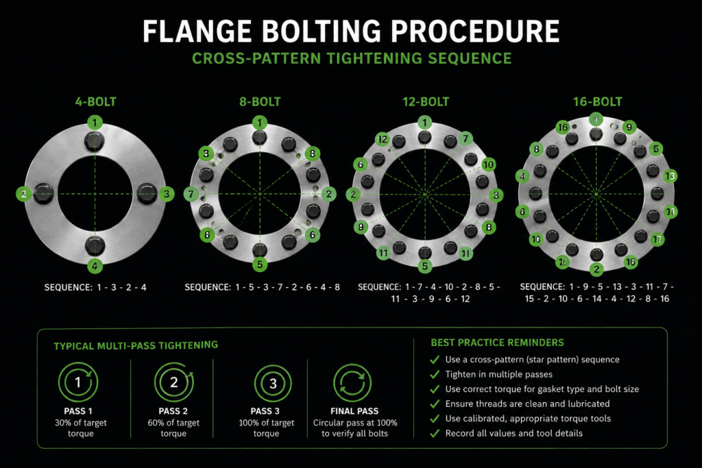 Flange Bolting Procedure: Tightening Sequences and Best Practice 1 Flange bolting procedure diagram: cross-pattern tightening sequences for 4, 8, 12 and 16-bolt flanges with multi-pass torque values
